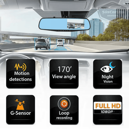 Espejo retrovisor con cámaras delantera y trasera, cámara de visión trasera de 4.3" 1080P Full HD con grabación, sensor de detección de colisión, visión nocturna, sensor de estacionamiento con sonido, grabación de ruta ONP220