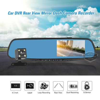 Espejo retrovisor con cámaras delantera y trasera, cámara de visión trasera de 4.3" 1080P Full HD con grabación, sensor de detección de colisión, visión nocturna, sensor de estacionamiento con sonido, grabación de ruta ONP220