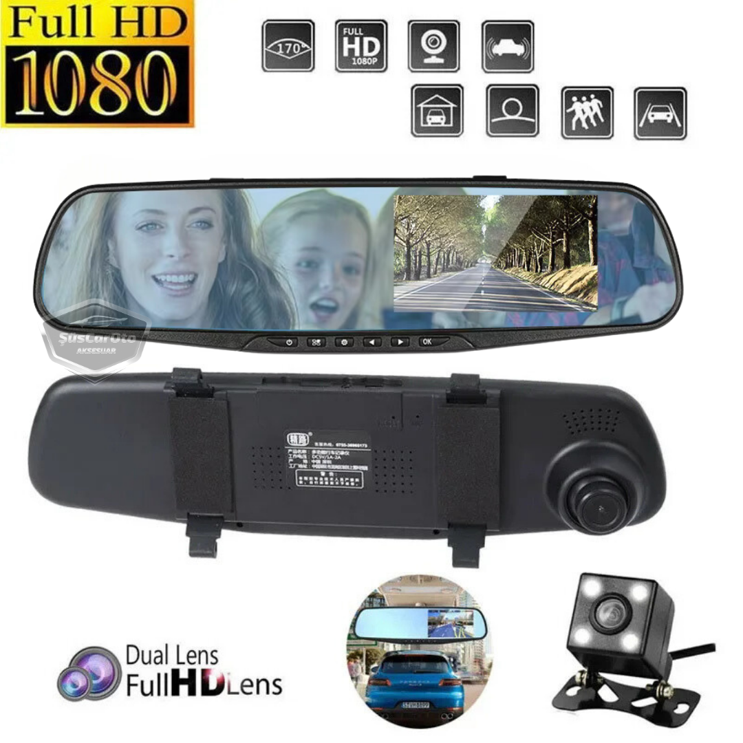 Espejo retrovisor con cámaras delantera y trasera, cámara de visión trasera de 4.3" 1080P Full HD con grabación, sensor de detección de colisión, visión nocturna, sensor de estacionamiento con sonido, grabación de ruta ONP220