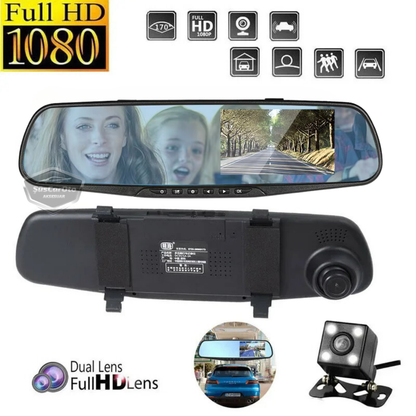 Espejo retrovisor con cámaras delantera y trasera, cámara de visión trasera de 4.3" 1080P Full HD con grabación, sensor de detección de colisión, visión nocturna, sensor de estacionamiento con sonido, grabación de ruta ONP220