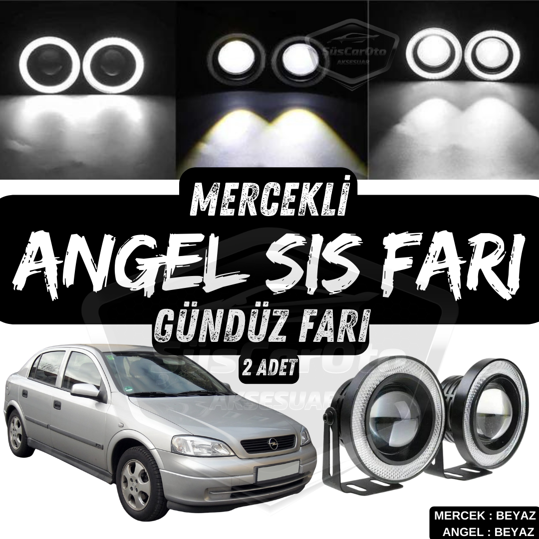 Faros antiniebla universales de lente Angel Angel Eyes de 76 mm, metal, impermeables, compatibles con Opel Astra G 1998-2004, con luz diurna de anillo blanco, 2 unidades