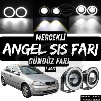 Faros antiniebla universales de lente Angel Angel Eyes de 76 mm, metal, impermeables, compatibles con Opel Astra G 1998-2004, con luz diurna de anillo blanco, 2 unidades