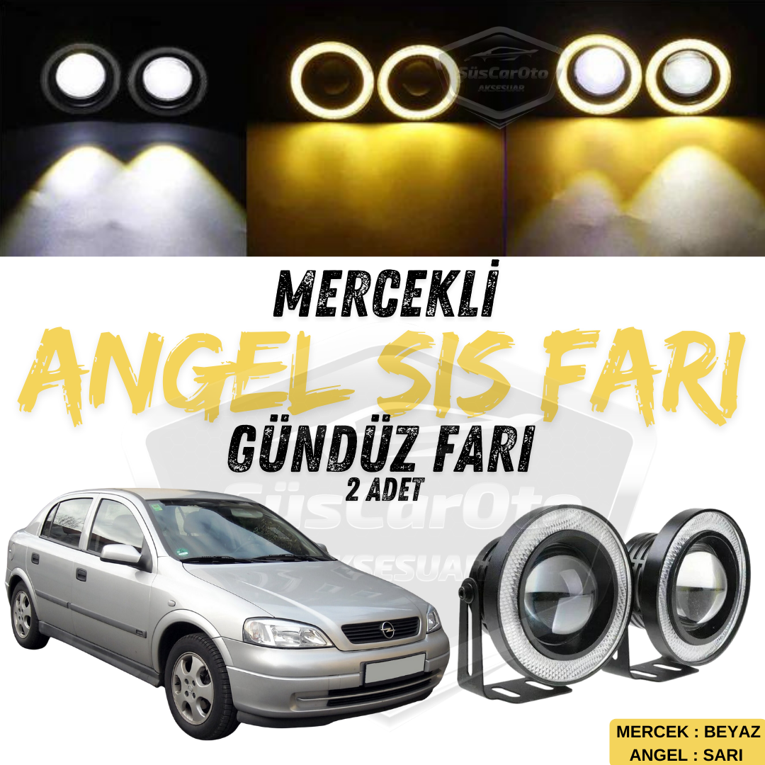 Opel Astra G 1998-2004 compatible con faro antiniebla universal con lente Angel, aro amarillo de 76 mm, metal, impermeable, luz diurna, Angel Eyes, 2 unidades.
