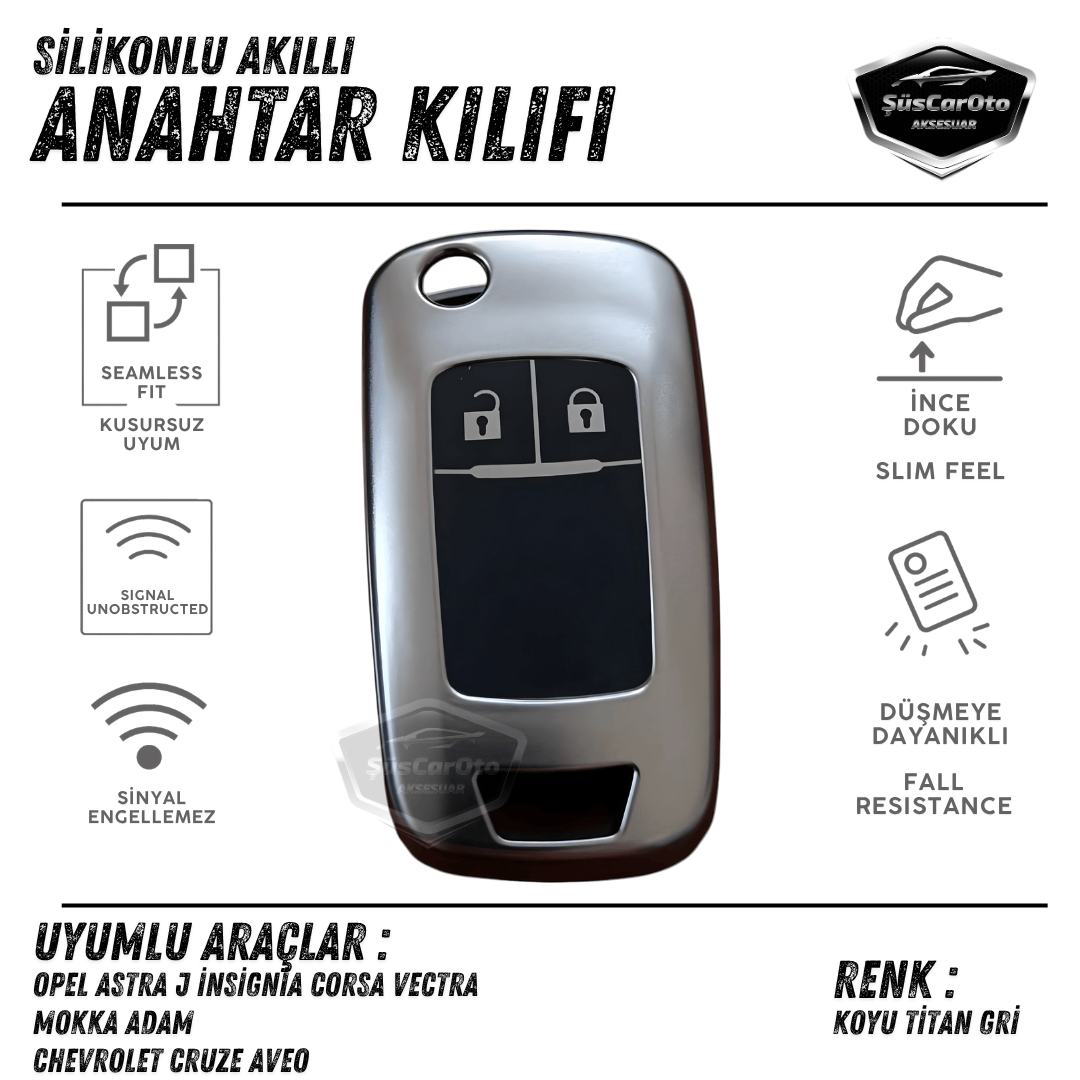 Funda de llave de silicona compatible con Opel Astra J Insignia Corsa Vectra Mokka Adam Chevrolet Cruze Aveo Llave plegable Cubierta de llave de coche llavero amortiguador gris titanio oscuro PNT119