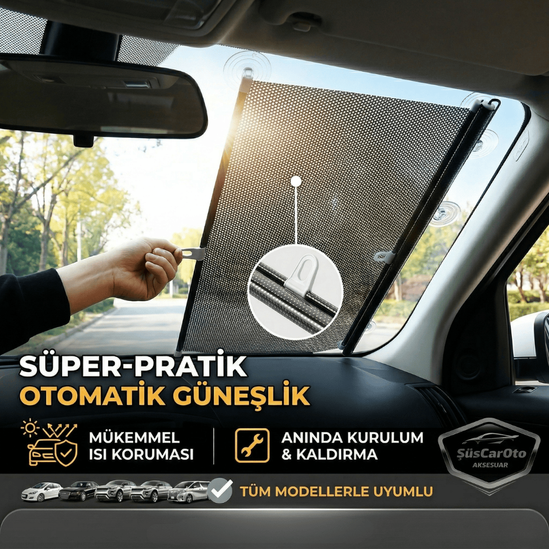 Oto Katlanır Stor Model Güneşlik Ön Arka Cam Gölgelik Siyah Noktalı Otomatik Sürgülü Yeni Nesil Güneş Koruyucu Oto Araba Suv Tır 68 cm x 125 cm
