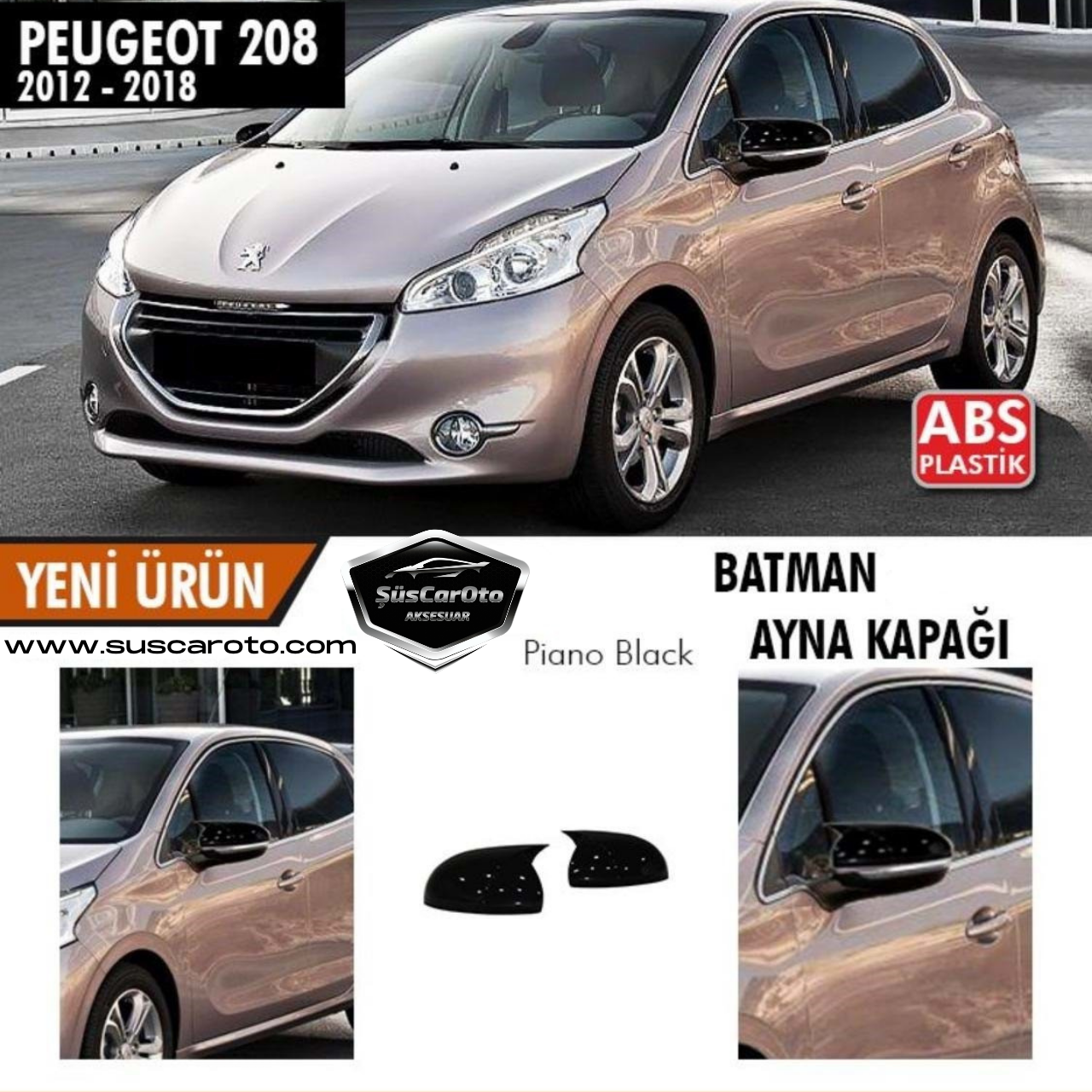 Cubierta de espejo retrovisor Peugeot 208 2012-2018 Batman Bat, plástico ABS negro piano