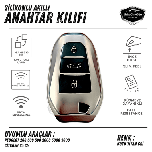 Peugeot 208 308 508 2008 3008 5008 Citroen C3 C4 Uyumlu Silikon Anahtar Kılıfı Oto Anahtar Kabı Darbe Emici Anahtarlık Koyu Titan Gri PNT108