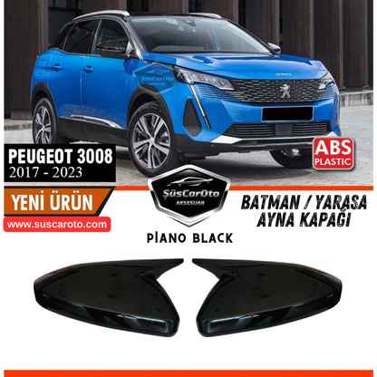 Juego de tapas de espejo retrovisor Batman Murciélago Piano Black ABS Plástico Derecho Izquierdo Compatible con Peugeot 3008 (a partir de 2017)