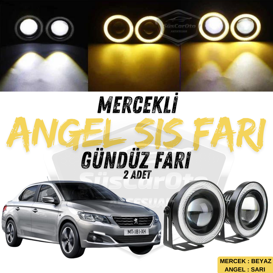2 faros antiniebla universales Peugeot 301 2012-2021 con lente de ojo de ángel, metálicos, impermeables, de 76 mm, con anillo amarillo, luz de día, Angel Eyes