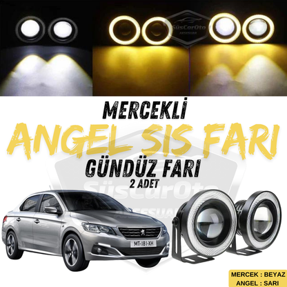 2 faros antiniebla universales Peugeot 301 2012-2021 con lente de ojo de ángel, metálicos, impermeables, de 76 mm, con anillo amarillo, luz de día, Angel Eyes