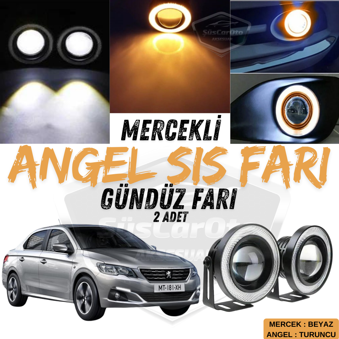 Peugeot 301 2012-2021 Compatible Universal Lente Ángel Luz Antiniebla Metálica Impermeable 76 mm con Anillo Naranja Luz Diurna Angel Eyes 2 Unidades