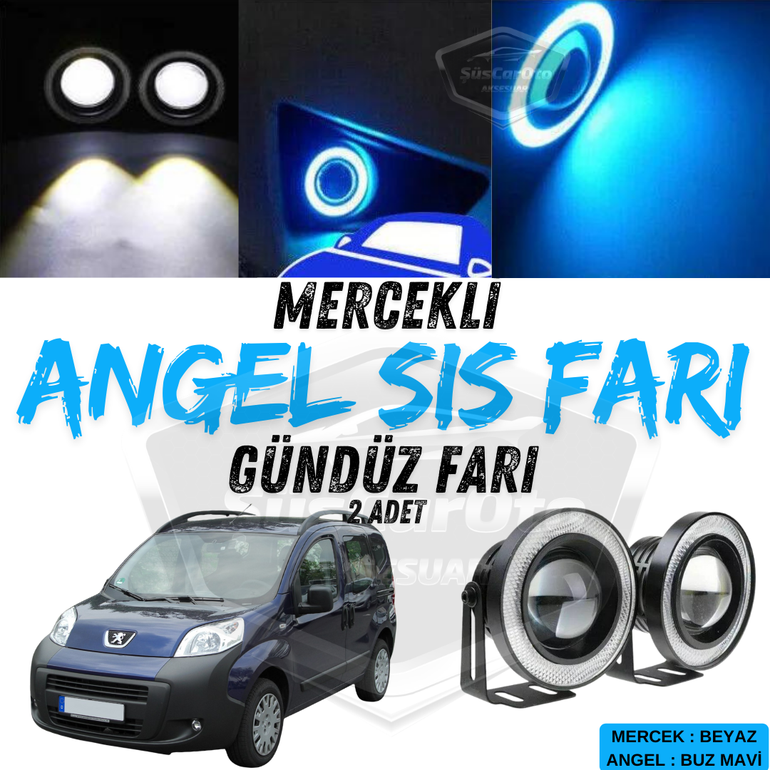 Peugeot Bipper 2008-2022 Faro antiniebla universal con lente Angel Eye de 76 mm, a prueba de agua, con aro azul hielo y luz diurna, 2 unidades