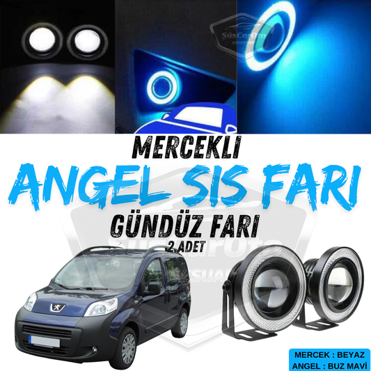 Peugeot Bipper 2008-2022 Faro antiniebla universal con lente Angel Eye de 76 mm, a prueba de agua, con aro azul hielo y luz diurna, 2 unidades