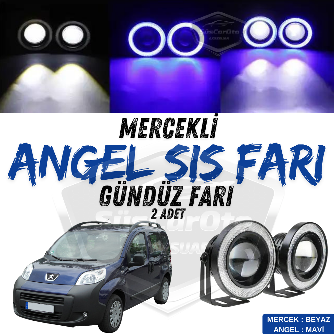 2 faros antiniebla universales Angel Eyes con lente, metálicos, impermeables, 76 mm, con anillo azul, luz diurna, compatibles con Peugeot Bipper 2008-2022