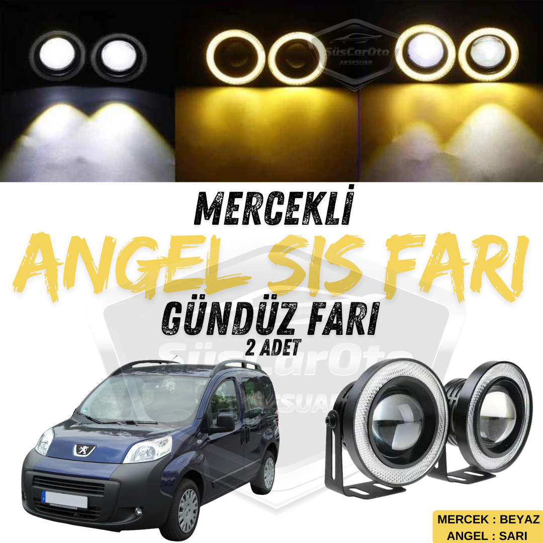Peugeot Bipper 2008-2022 Faro antiniebla universal con proyector Angel Eyes impermeable metálico 76 mm con aro amarillo luz diurna Angel Eyes 2 unidades