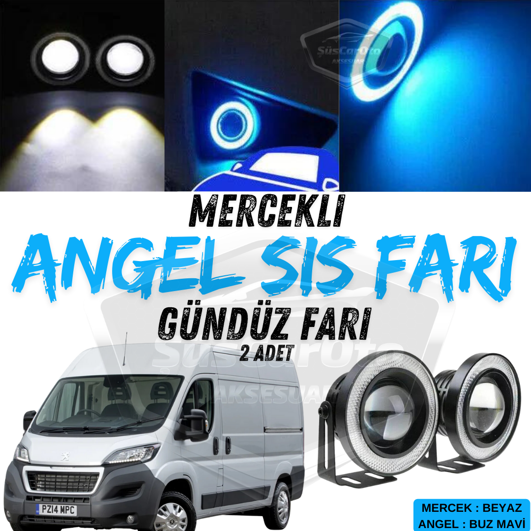 Faro antiniebla universal con proyector tipo Angel Eye de 76 mm, a prueba de agua, con carcasa metálica, compatible con Peugeot Boxer, con aro azul hielo y luz diurna Angel Eyes, 2 unidades.