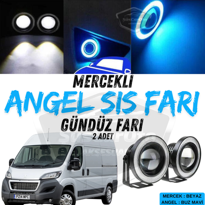 Faro antiniebla universal con proyector tipo Angel Eye de 76 mm, a prueba de agua, con carcasa metálica, compatible con Peugeot Boxer, con aro azul hielo y luz diurna Angel Eyes, 2 unidades.