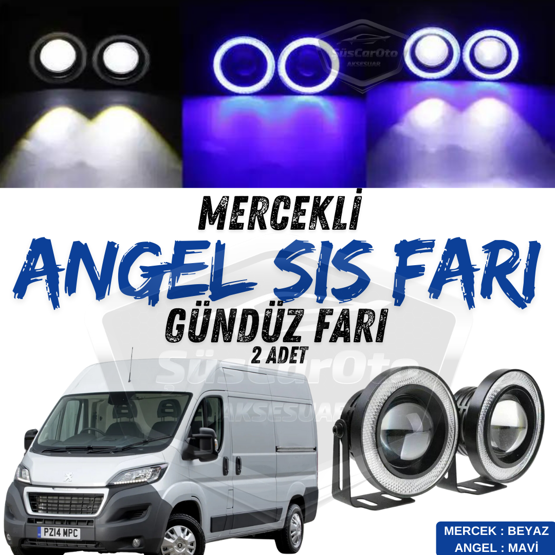 Faros antiniebla universales de lente Angel compatibles con Peugeot Boxer, impermeable de metal de 76 mm con aro azul, luz diurna Angel Eyes, 2 unidades