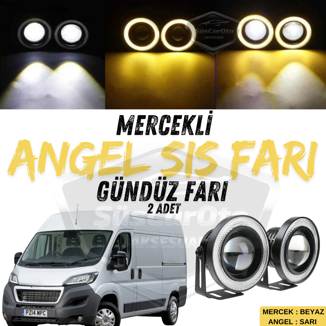Peugeot Boxer compatible universal antiniebla con lupa, anillo de metal impermeable de 76 mm, luz diurna de anillo amarillo, Angel Eyes, 2 unidades