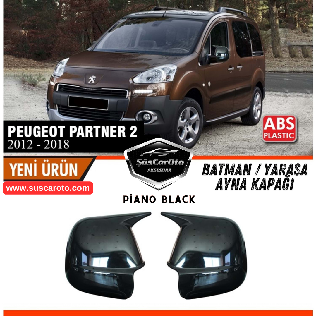 Juego de cubiertas de espejo retrovisor de Batman Bat Ala Piano Negro Plástico ABS Izquierda Derecha Compatible con Peugeot Partner Tepee 2012-2018