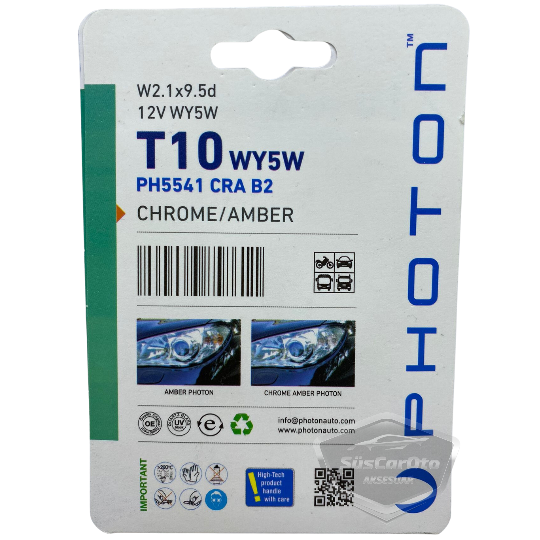 Photon Blister Minyatür Serisi Diadem Ampul Krom Amber Park Ampulü T10 WY5W 12V Turuncu Işık 2'li Takım