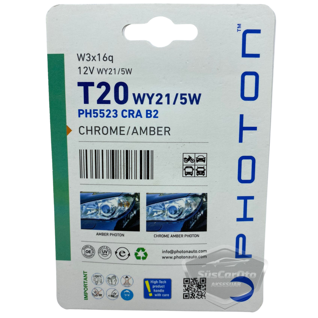 Photon Blister Minyatür Serisi Diadem Ampul Krom Amber Park Sinyal Ampulü Gündüz Farı T20 WY21/5W 12V Turuncu Işık 2'li Takım