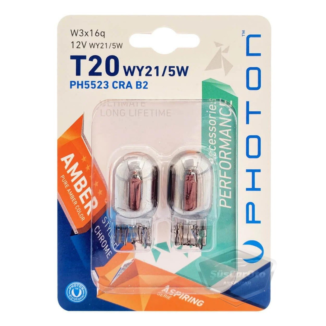 Photon Blister Minyatür Serisi Diadem Ampul Krom Amber Park Sinyal Ampulü Gündüz Farı T20 WY21/5W 12V Turuncu Işık 2'li Takım