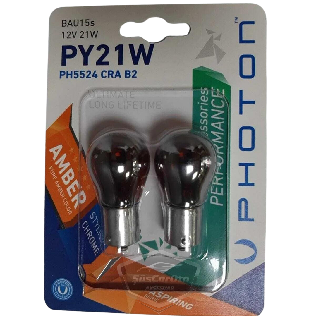 Bombilla de señalización Photon Diadem cromada ámbar de un solo filamento, 12 V 21 W, luz naranja 93 PY21W, cuello corto, juego de 2