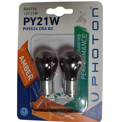 Bombilla de señalización Photon Diadem cromada ámbar de un solo filamento, 12 V 21 W, luz naranja 93 PY21W, cuello corto, juego de 2
