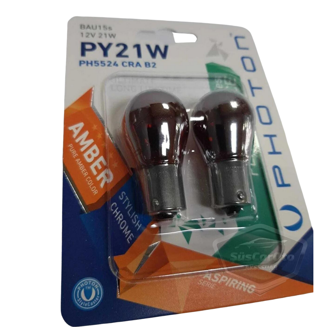 Bombilla de señalización Photon Diadem cromada ámbar de un solo filamento, 12 V 21 W, luz naranja 93 PY21W, cuello corto, juego de 2