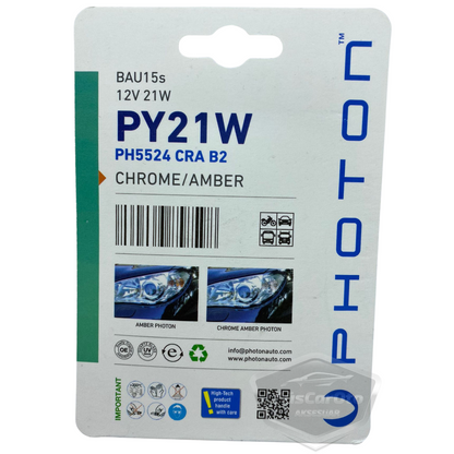 Bombilla de señalización Photon Diadem cromada ámbar de un solo filamento, 12 V 21 W, luz naranja 93 PY21W, cuello corto, juego de 2