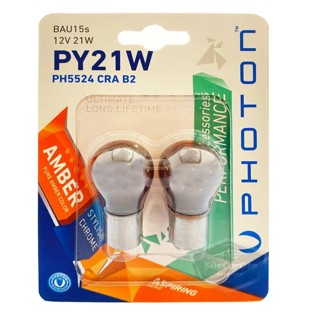 Bombilla de señalización Photon Diadem cromada ámbar de un solo filamento, 12 V 21 W, luz naranja 93 PY21W, cuello corto, juego de 2
