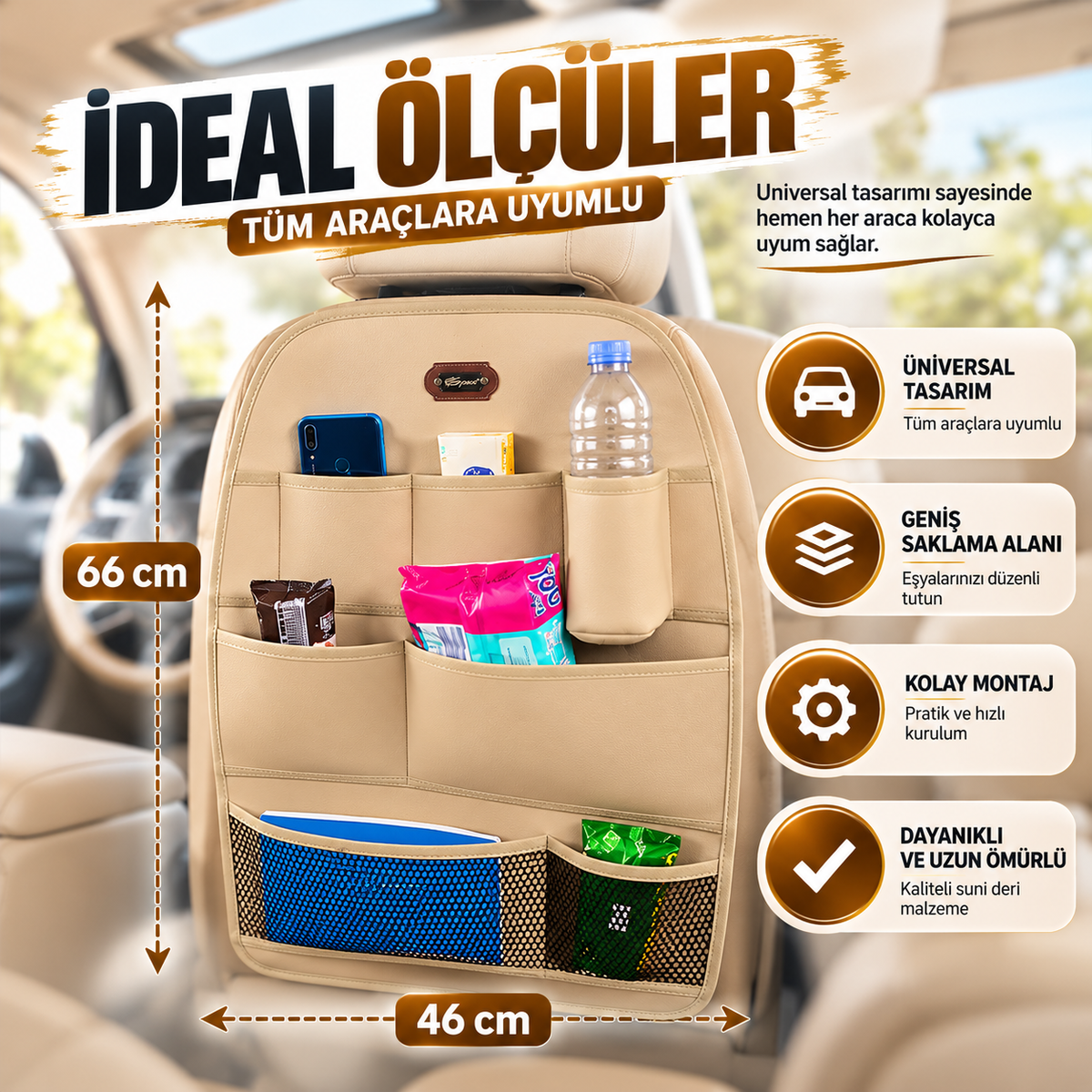 Premium Oto Koltuk Arkası Organizer Koruyucu ve Düzenleyici Suni Deri Su Geçirmez Çok Cepli Fonksiyonlu Araba İçi Cep Çanta Üniversal Bej