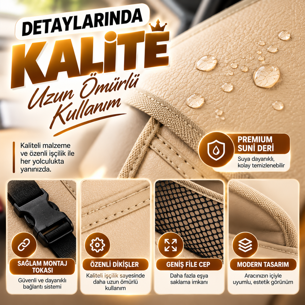 Premium Oto Koltuk Arkası Organizer Koruyucu ve Düzenleyici Suni Deri Su Geçirmez Çok Cepli Fonksiyonlu Araba İçi Cep Çanta Üniversal Bej