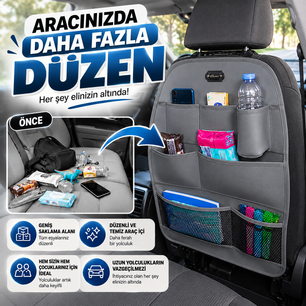 Premium Oto Koltuk Arkası Organizer Koruyucu ve Düzenleyici Suni Deri Su Geçirmez Çok Cepli Fonksiyonlu Araba İçi Cep Çanta Üniversal Gri