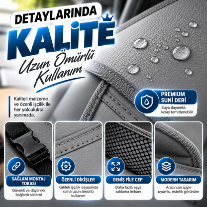 Premium Oto Koltuk Arkası Organizer Koruyucu ve Düzenleyici Suni Deri Su Geçirmez Çok Cepli Fonksiyonlu Araba İçi Cep Çanta Üniversal Gri