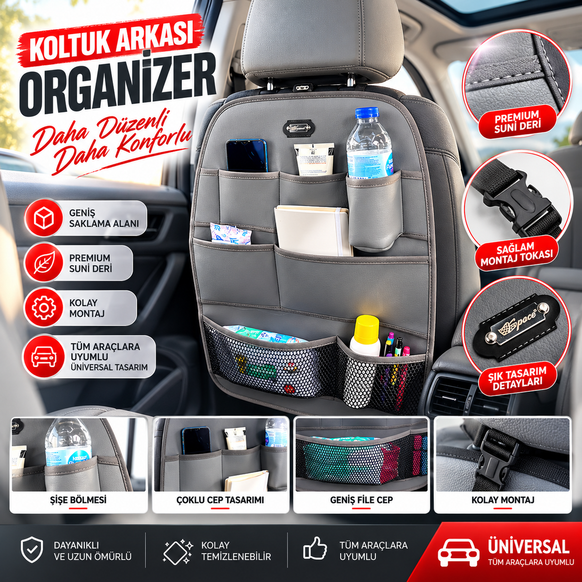 Premium Oto Koltuk Arkası Organizer Koruyucu ve Düzenleyici Suni Deri Su Geçirmez Çok Cepli Fonksiyonlu Araba İçi Cep Çanta Üniversal Gri