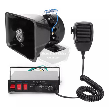 Sirena de policía profesional, sonido ajustable, sirena potente, bocina con megáfono y micrófono, metal 100W 12V/24V con salida de luz de advertencia