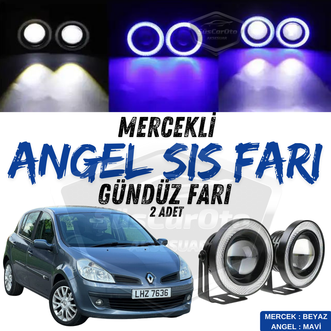 Renault Clio 3 2005-2013 Compatible Faro antiniebla universal tipo Angel Eye con lente, impermeable, metal, 76 mm, anillo azul, luz diurna Angel Eyes, 2 unidades