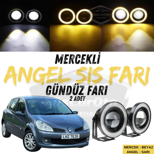 Renault Clio 3 2005-2013 Compatible Faro antiniebla Angel Universal con lente, metal, impermeable, 76 mm, con aro amarillo, luz diurna Angel Eyes, 2 unidades