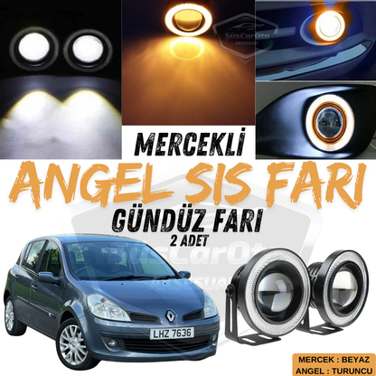 Faros antiniebla universales tipo Angel Eye con lente de metal impermeables de 76 mm con aro naranja para Renault Clio 3 2005-2013 (2 unidades)