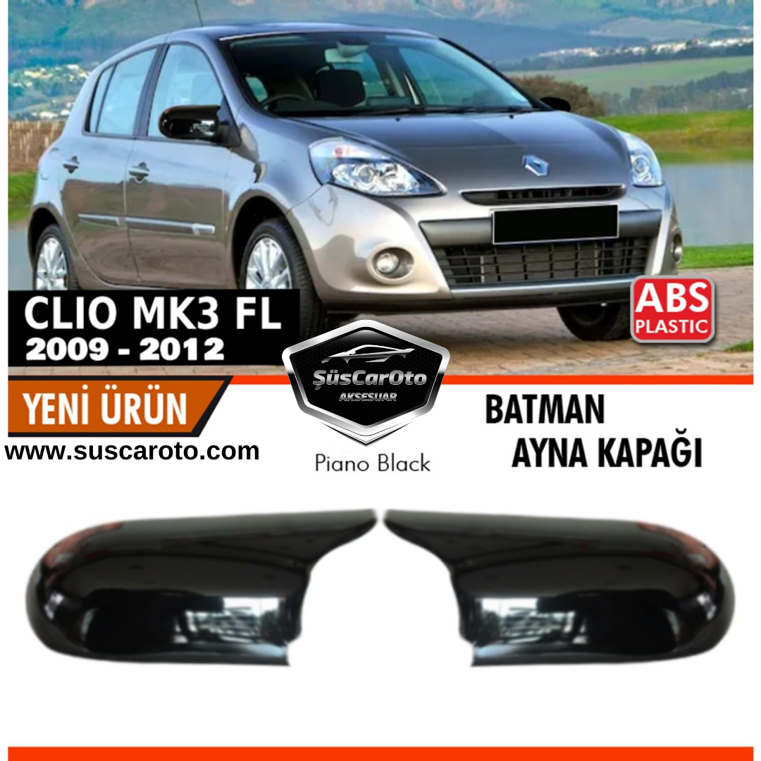 Cubierta de espejo retrovisor tipo ala de murciélago Batman, compatible con carrocería Renault Clio 3 FL 2009-2012 Facelift, plástico ABS Negro Piano