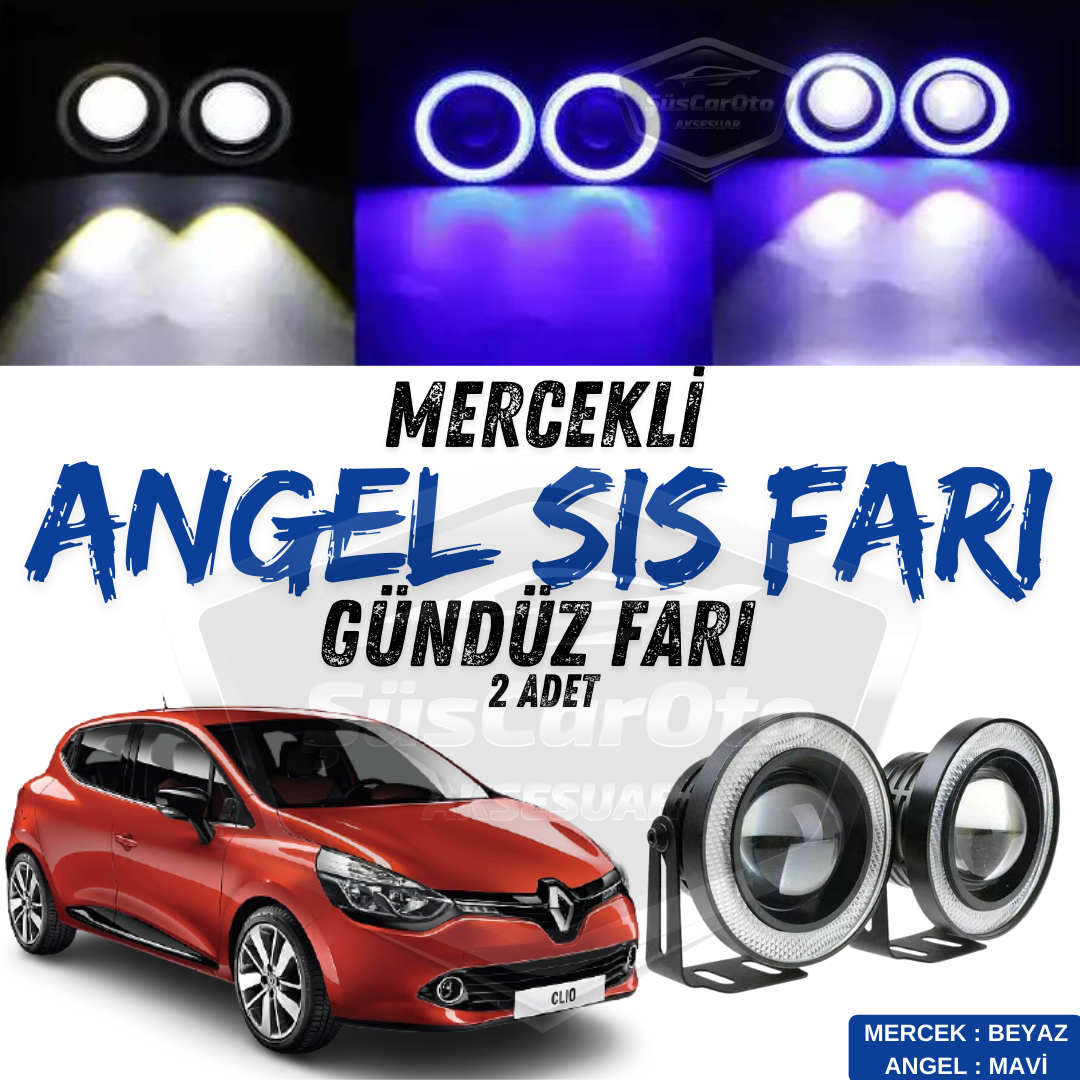Renault Clio 4 2012-2020 Faros antiniebla universales con lente y aro de ángel, impermeables, metálicos, 76 mm, con luz diurna de aro azul, ojos de ángel, 2 unidades