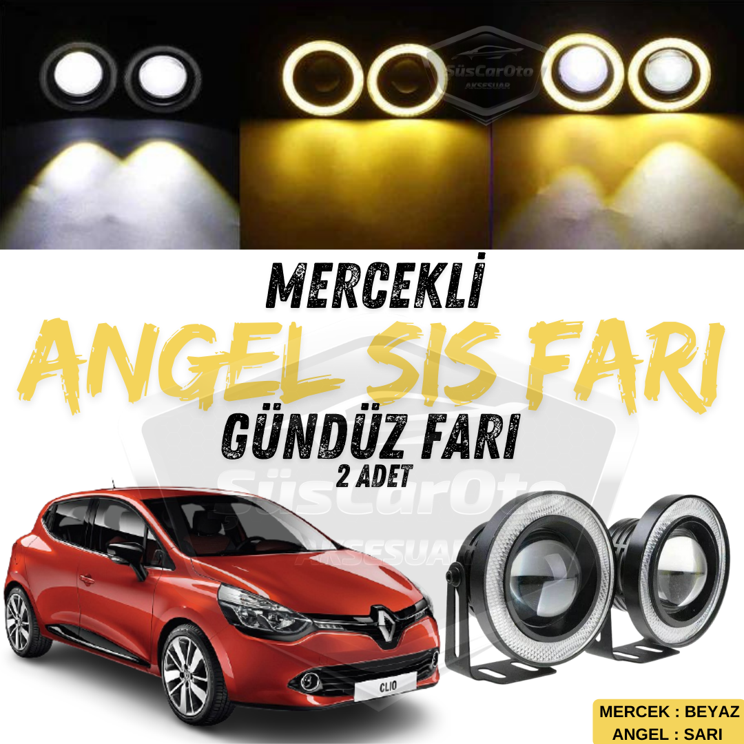 Renault Clio 4 2012-2020 Faros antiniebla universales con lente y ojo de ángel de metal, impermeables, 76 mm, anillo amarillo, luz diurna, ojo de ángel, 2 unidades