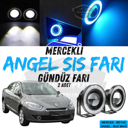 Renault Fluence 2009-2016 compatible, faro antiniebla universal con proyector Angel Eyes, metal, impermeable, 76 mm, con aro azul hielo, luz diurna Angel Eyes, 2 unidades.