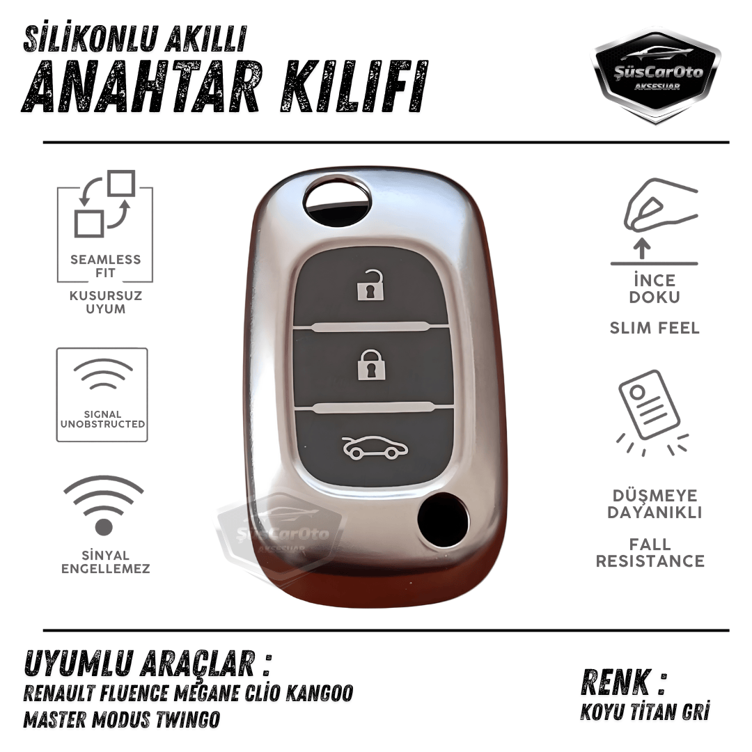 Funda de silicona para llave compatible con Renault Fluence, Megane, Clio, Kangoo, Master, Modus, Twingo, carcasa de llave de coche, llavero amortiguador, gris titanio oscuro PNT122