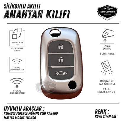 Funda de silicona para llave compatible con Renault Fluence, Megane, Clio, Kangoo, Master, Modus, Twingo, carcasa de llave de coche, llavero amortiguador, gris titanio oscuro PNT122