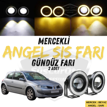 Faros antiniebla universales de lente de ángel para Renault Megane 2 2003-2008, impermeables, metálicos, de 76 mm, con halo amarillo, luces diurnas y ojos de ángel, 2 unidades