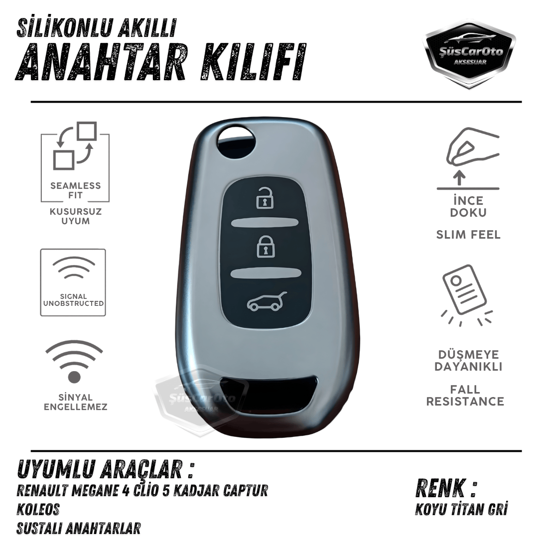 Funda de silicona para llave plegable compatible con Renault Megane 4 Clio 5 Kadjar Captur Koleos, carcasa para llave de coche, llavero amortiguador, gris titanio oscuro PNT121