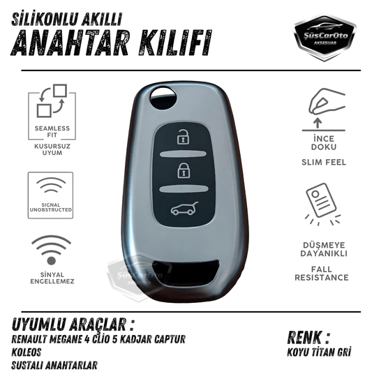 Renault Megane 4 Clio 5 Kadjar Captur Kaleos Sustalı Anahtar Uyumlu Silikon Anahtar Kılıfı Oto Anahtar Kabı Darbe Emici Anahtarlık Koyu Titan Gri PNT121